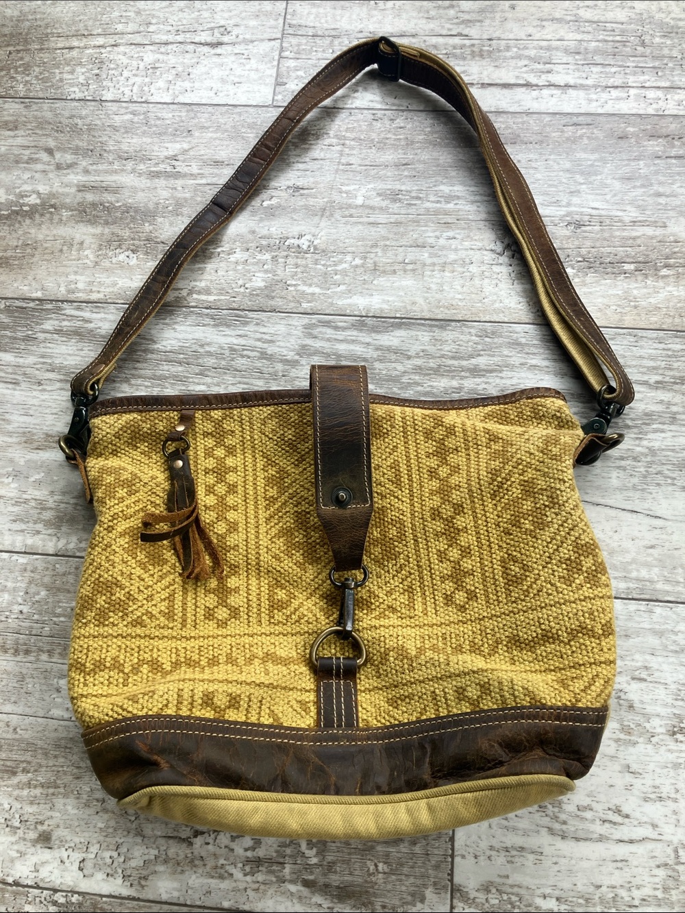 Myra Bag Mustard Yellow Woven Shoulder Bag with Brown Leather Trim